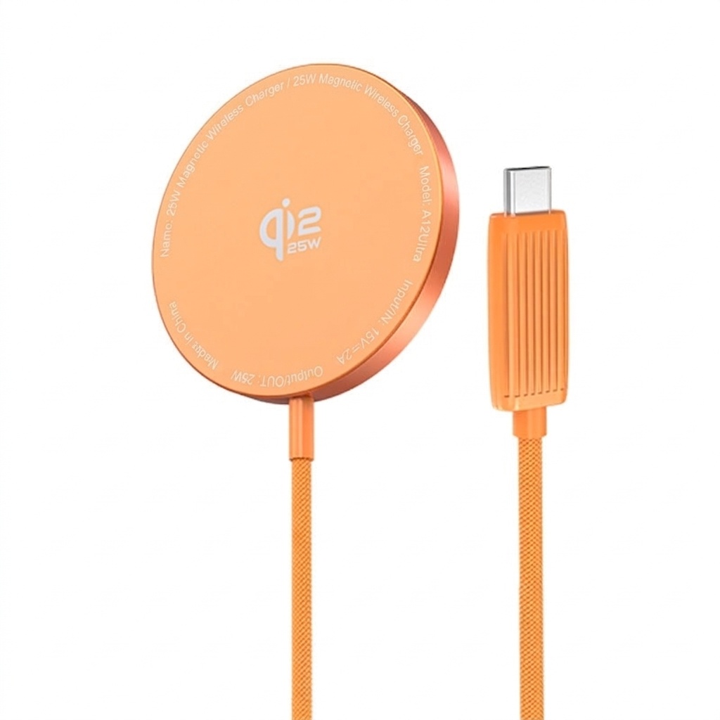 Qi2.2 25W Magnetic Wireless Charger for iPhone 12-17 Series, Low-Temperature Fast Charging, Orange/Silver