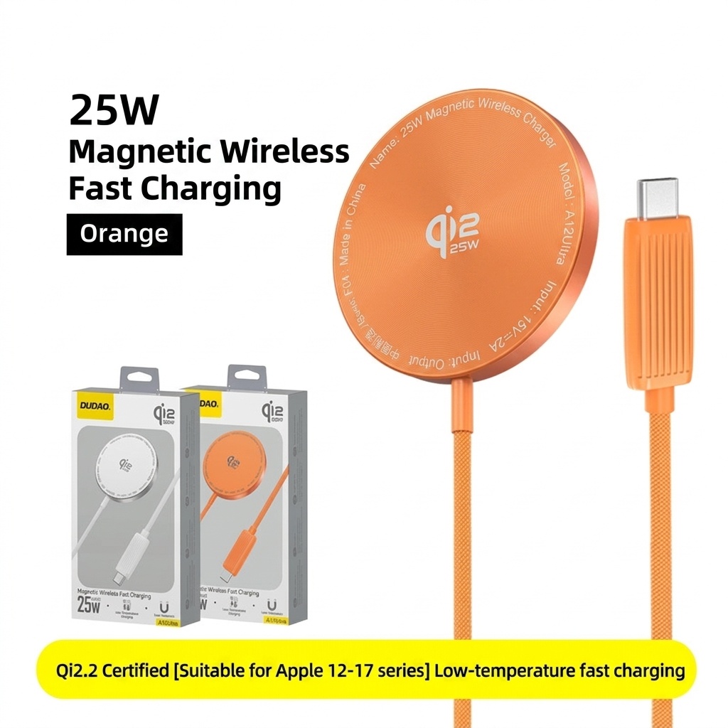 Qi2.2 25W Magnetic Wireless Charger for iPhone 12-17 Series, Low-Temperature Fast Charging, Orange/Silver