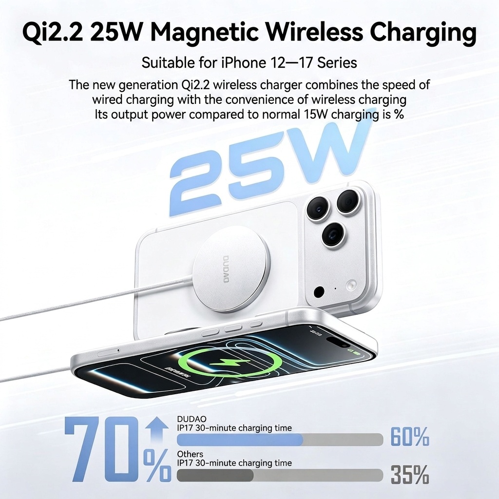 Qi2.2 25W Magnetic Wireless Charger for iPhone 12-17 Series, Low-Temperature Fast Charging, Orange/Silver