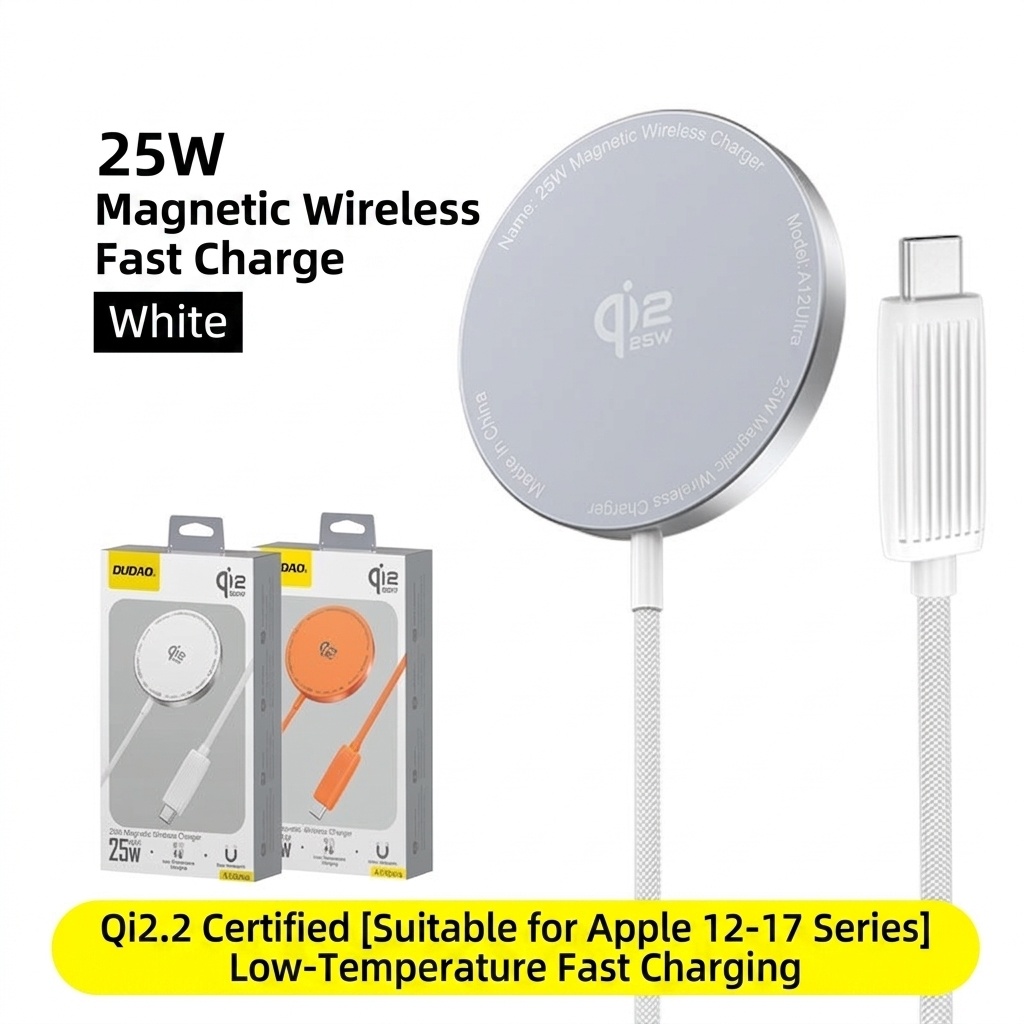 Qi2.2 25W Magnetic Wireless Charger for iPhone 12-17 Series, Low-Temperature Fast Charging, Orange/Silver