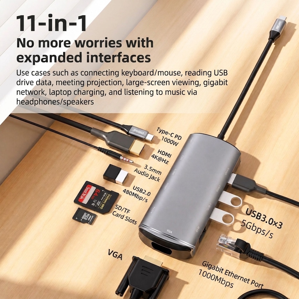 11-in-1 USB C Hub Multiport Adapter with 100W PD, 4K HDMI, USB 3.0, Ethernet, SD/TF Card Readers