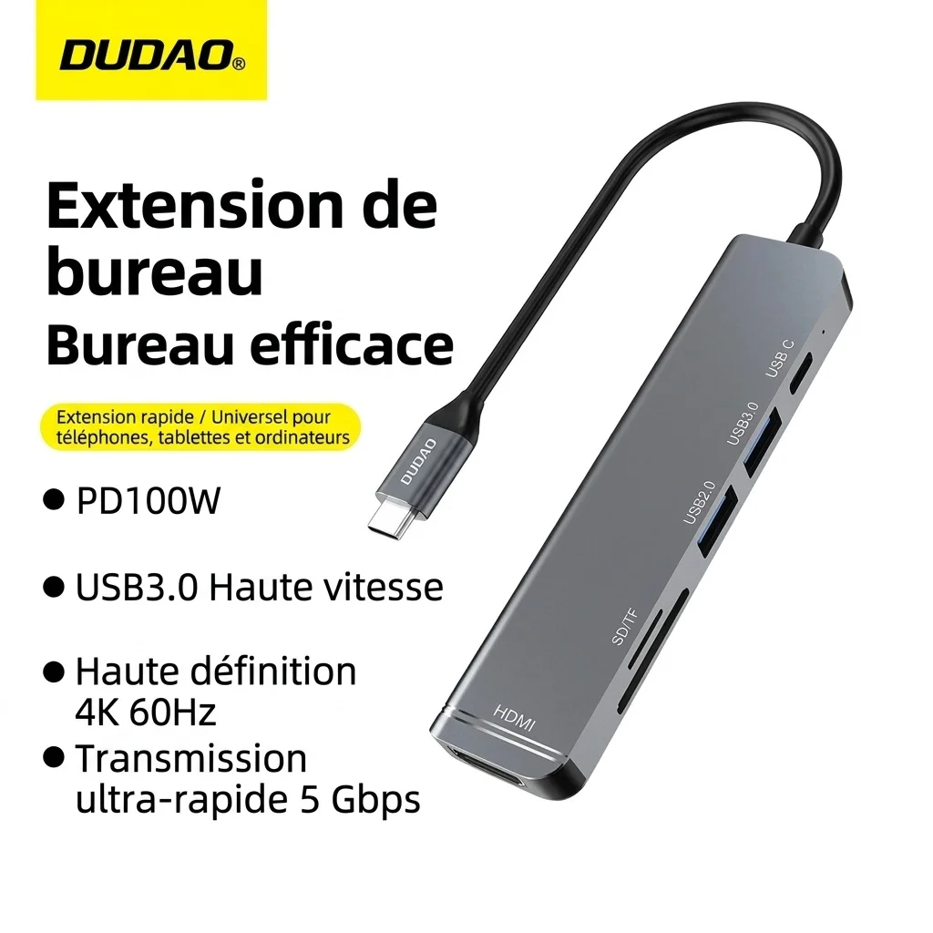 Hub USB-C 6-en-1 avec adaptateur multiport, alimentation 100 W, HDMI 4K, USB 3.0/2.0 et lecteurs de cartes SD/TF