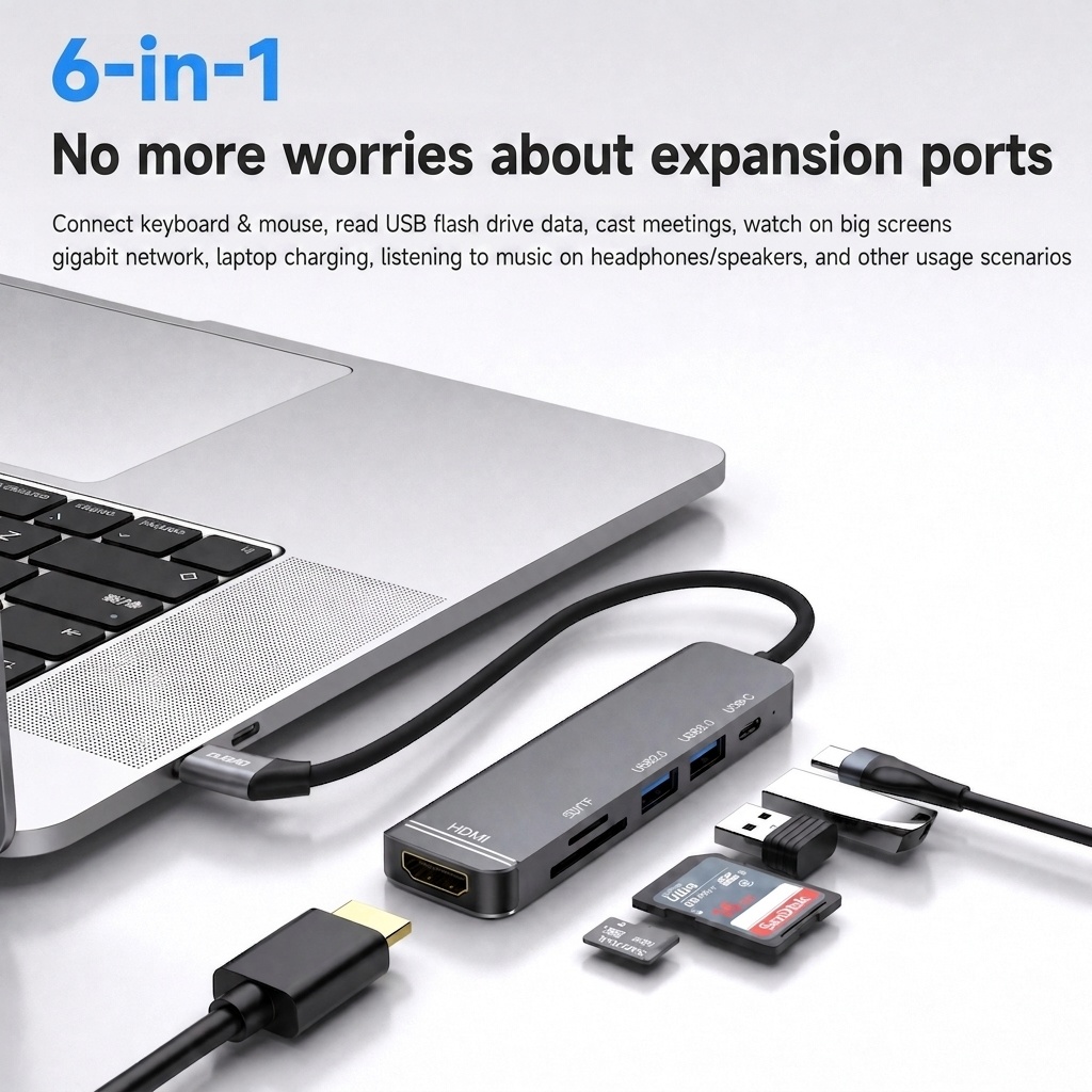 6-in-1 USB-C Hub Multiport Adapter with 100W PD, 4K HDMI, USB 3.0/2.0, SD/TF Card Readers