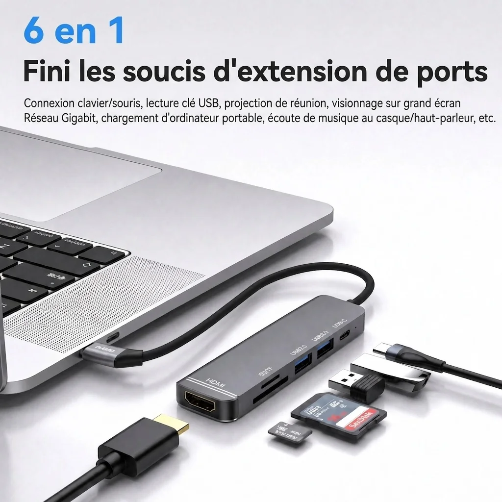 Hub USB-C 6-en-1 avec adaptateur multiport, alimentation 100 W, HDMI 4K, USB 3.0/2.0 et lecteurs de cartes SD/TF