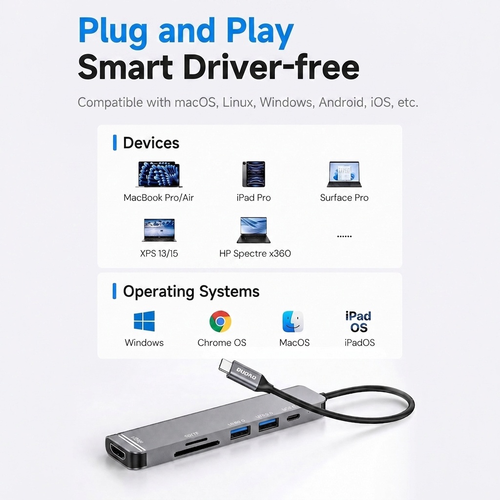 6-in-1 USB-C Hub Multiport Adapter with 100W PD, 4K HDMI, USB 3.0/2.0, SD/TF Card Readers