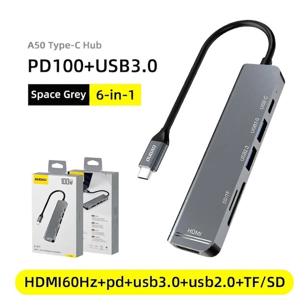 6-in-1 USB-C Hub Multiport Adapter with 100W PD, 4K HDMI, USB 3.0/2.0, SD/TF Card Readers