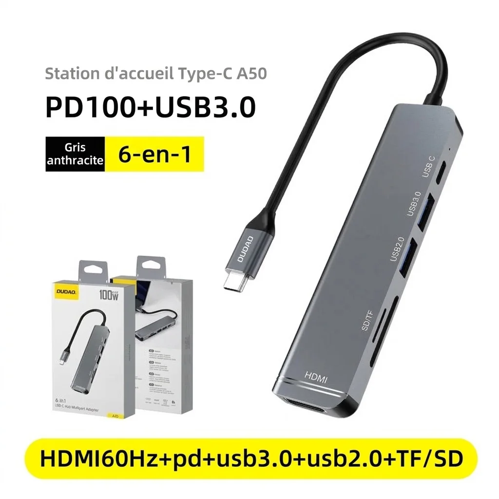 Hub USB-C 6-en-1 avec adaptateur multiport, alimentation 100 W, HDMI 4K, USB 3.0/2.0 et lecteurs de cartes SD/TF