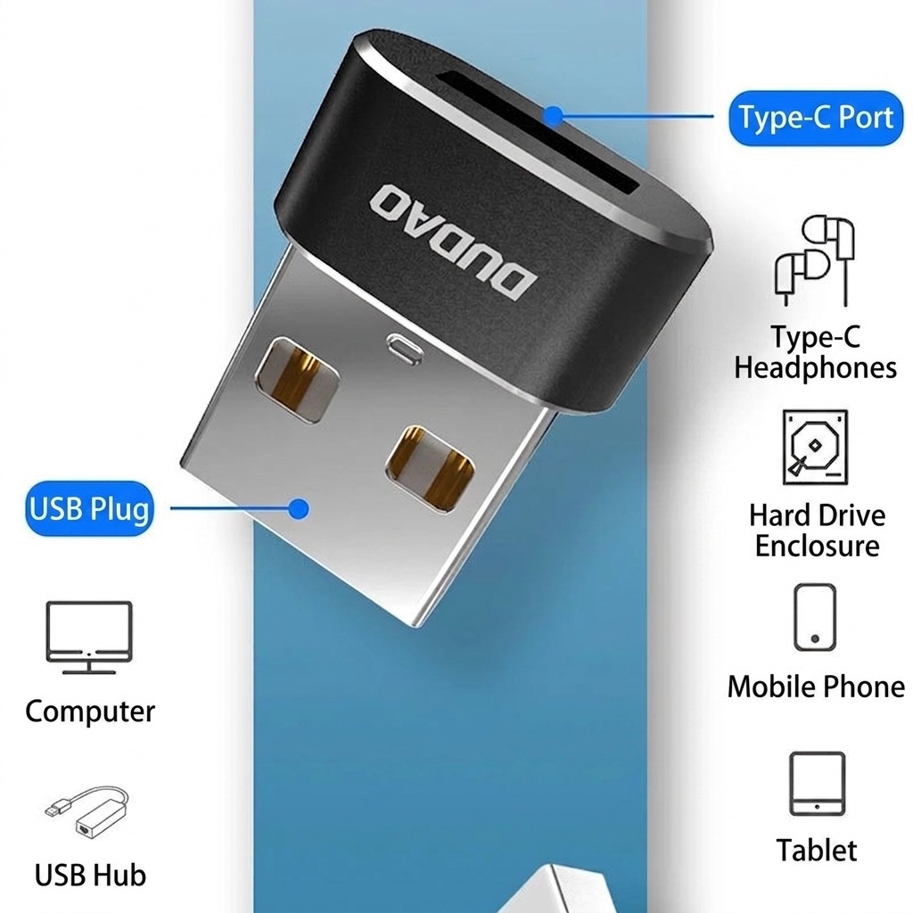 Adattatore da USB a Type-C per ricarica rapida e trasferimento dati, compatto e compatibile universalmente.