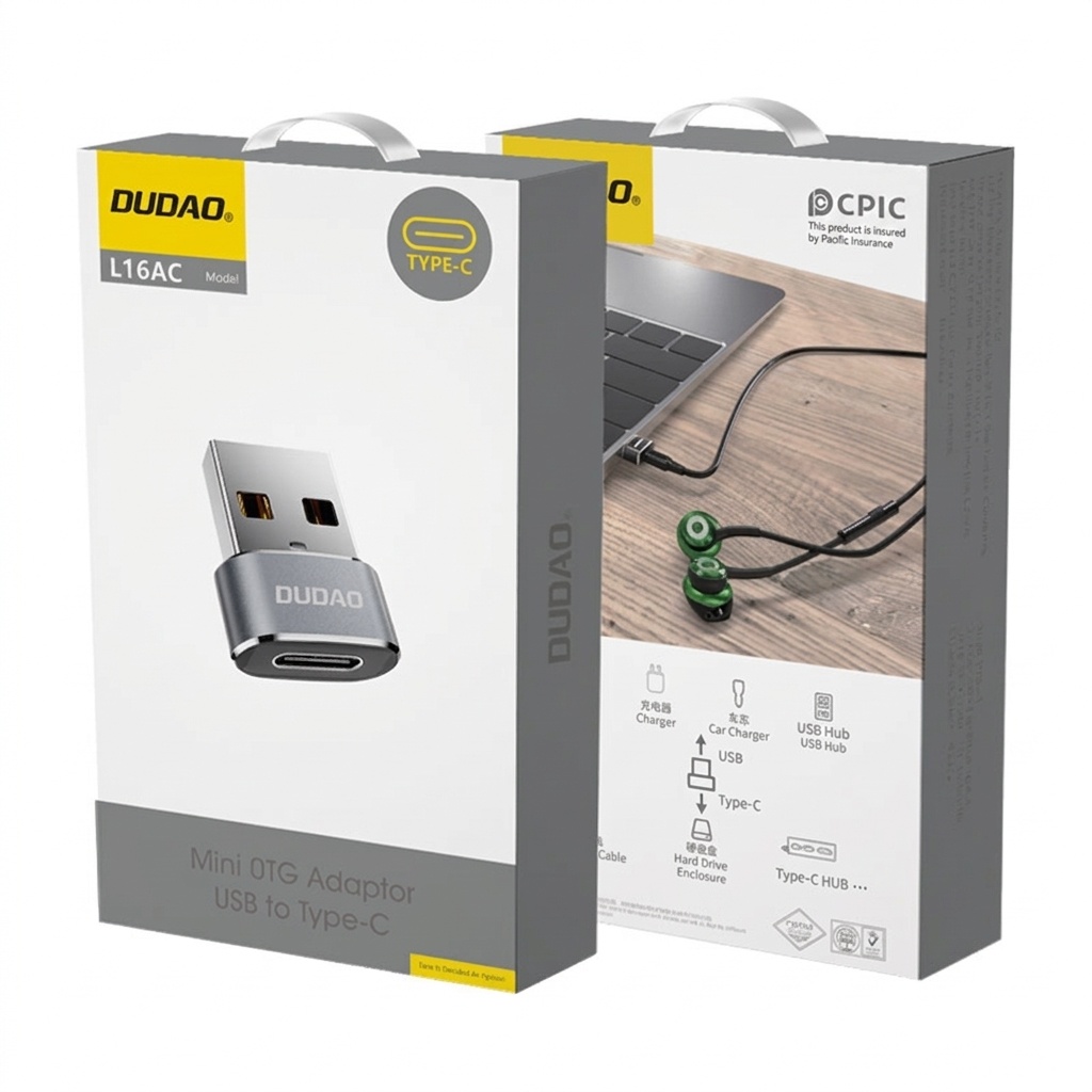 Adattatore da USB a Type-C per ricarica rapida e trasferimento dati, compatto e compatibile universalmente.