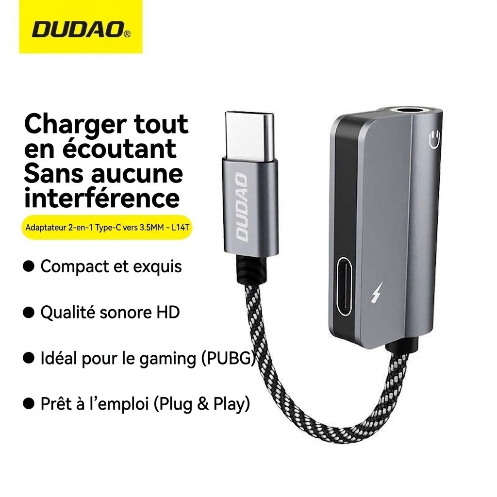 Adaptateur audio et de charge USB-C vers 3,5 mm 2 en 1 pour le jeu, un son haute fidélité et une charge rapide
