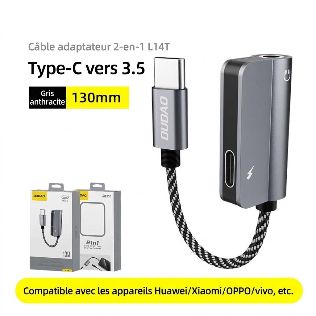 Adaptateur audio et de charge USB-C vers 3,5 mm 2 en 1 pour le jeu, un son haute fidélité et une charge rapide