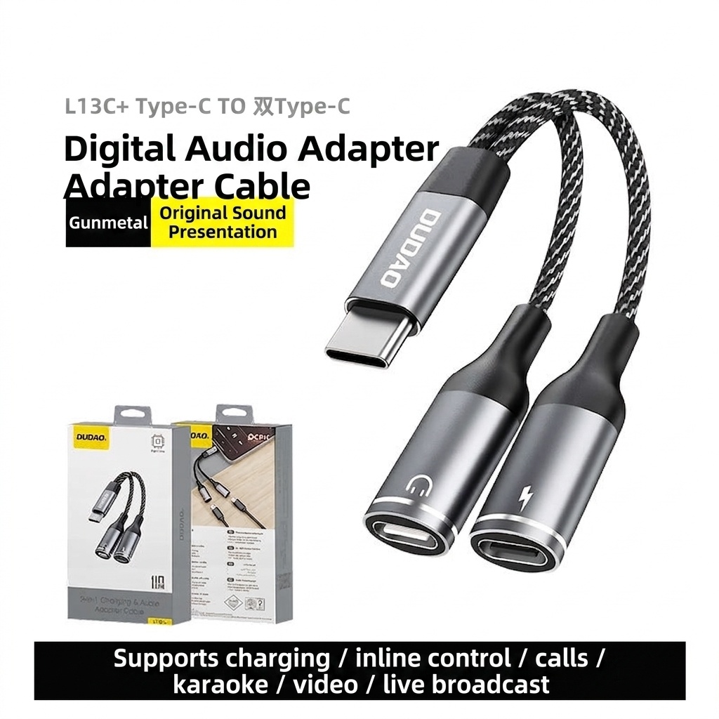 Type-C 2-in-1 Audio & Charge Adapter for USB-C Devices, Braided Cable, High-Fidelity Sound