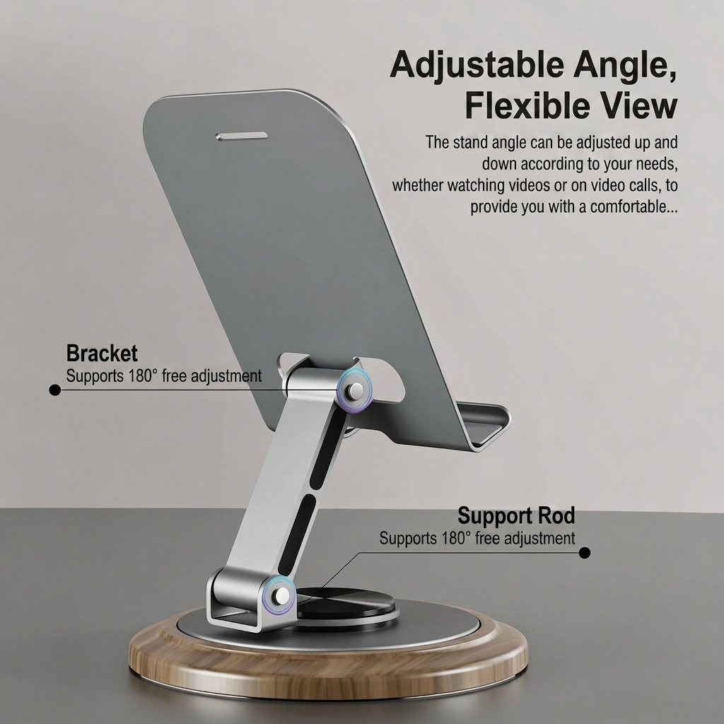 Soporte plegable de metal F17M para teléfono y tableta, rotación de 360°, ángulo ajustable de 180°, color gris plomo.
