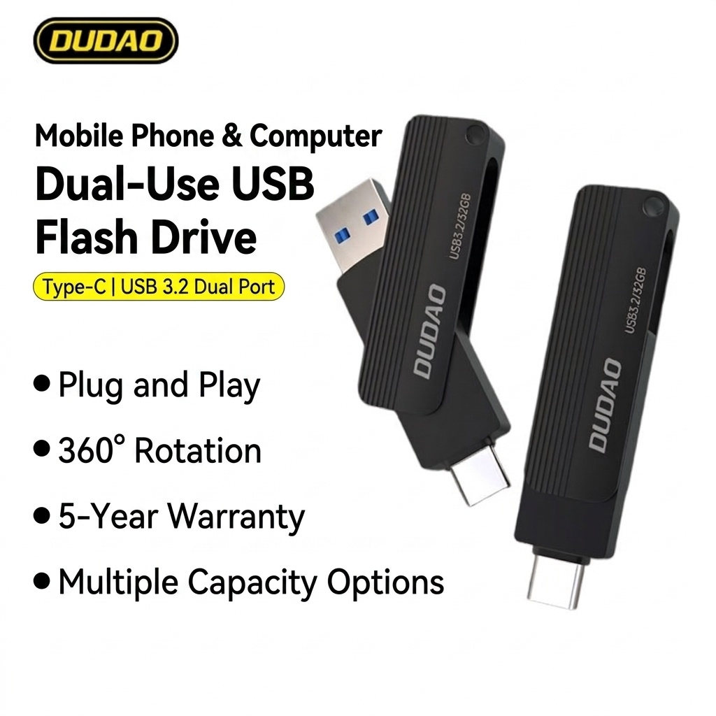 Dual Interface USB 3.2 Flash Drive, Type-C & USB-A, 360° Rotating Design for Phone & PC, Gunmetal