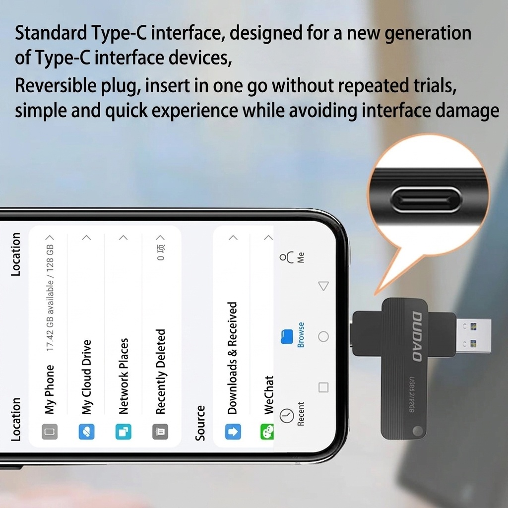 Dual Interface USB 3.2 Flash Drive, Type-C & USB-A, 360° Rotating Design for Phone & PC, Gunmetal