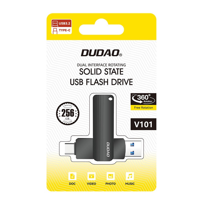 Dual Interface USB 3.2 Flash Drive, Type-C & USB-A, 360° Rotating Design for Phone & PC, Gunmetal
