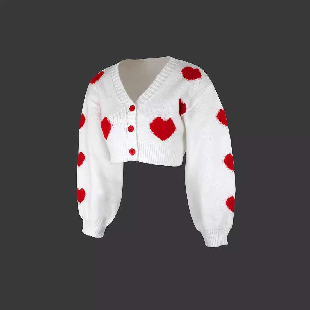 Knitted Heart Cardigan Long Sleeve Cropped Sweater