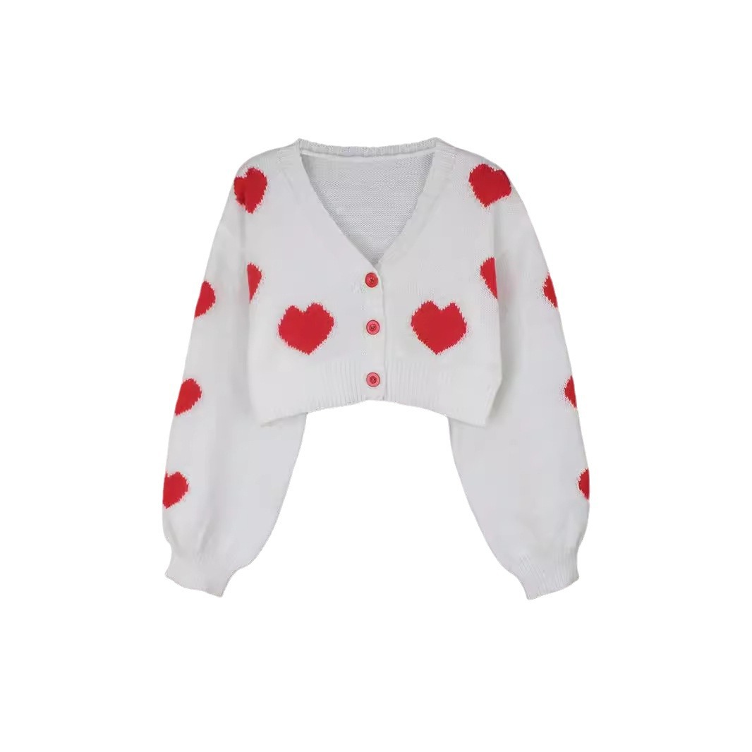 Knitted Heart Cardigan Long Sleeve Cropped Sweater