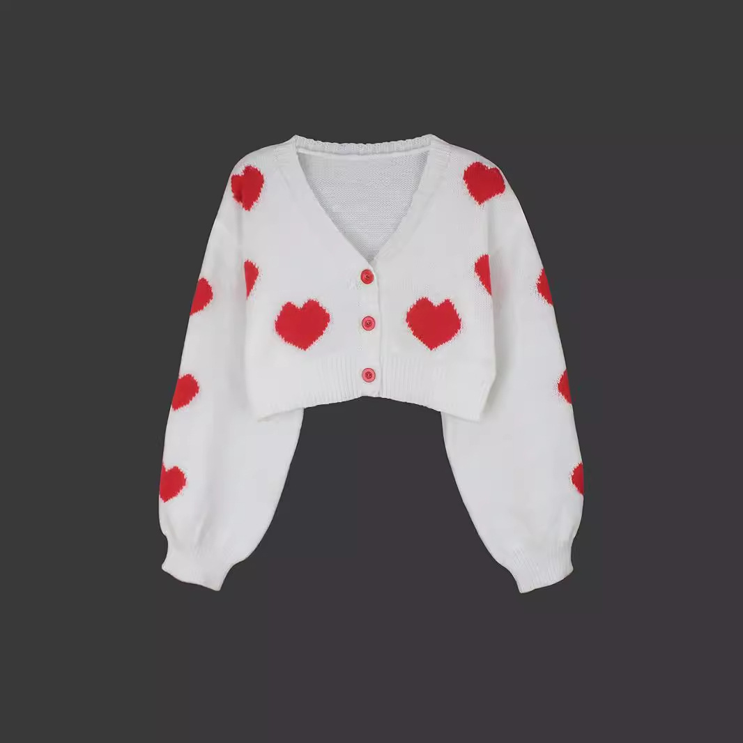 Knitted Heart Cardigan Long Sleeve Cropped Sweater