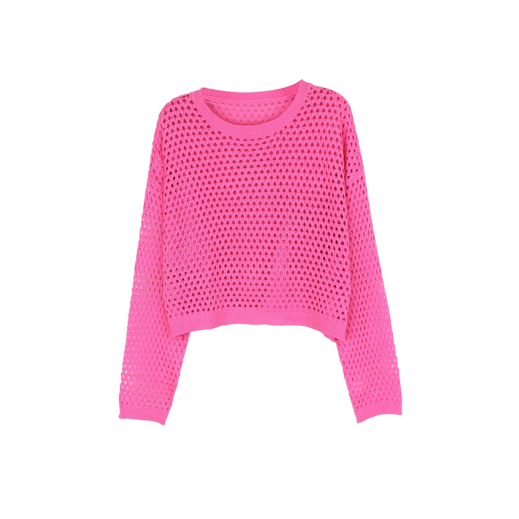 Knitted Long Sleeve Hollow Out Beach Cover Up - Lightweight Summer Top