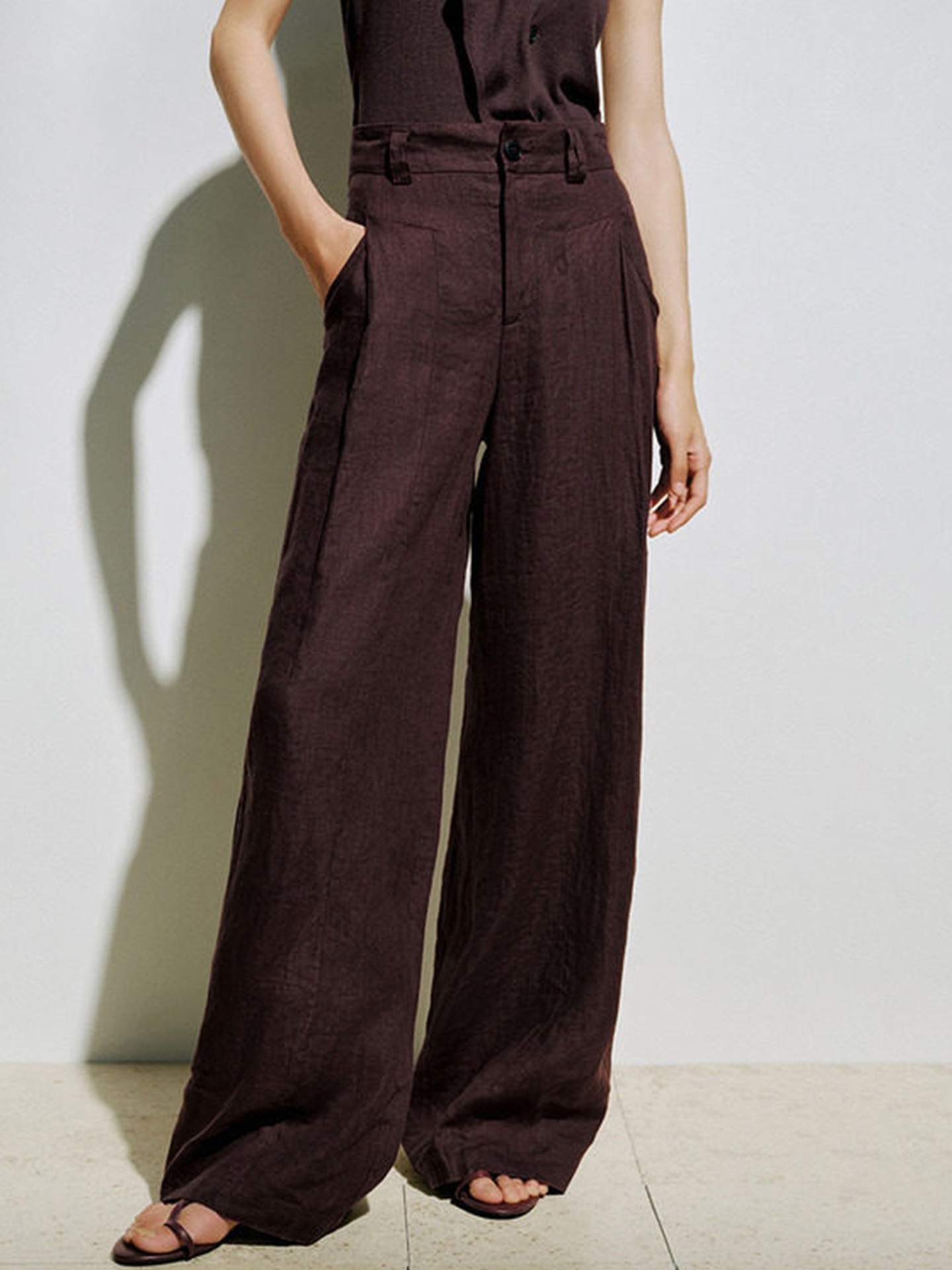 100% Linen High-Waisted Wide-Leg Linen Trousers