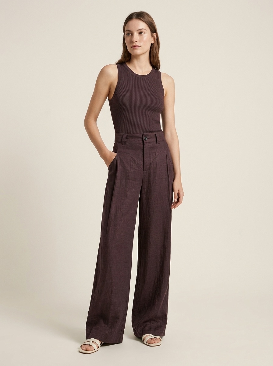 100% Linen High-Waisted Wide-Leg Linen Trousers