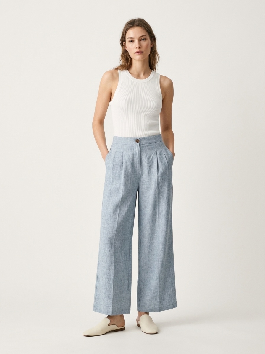 100% Linen High-Waist Wide-Leg Pleated Linen Trousers