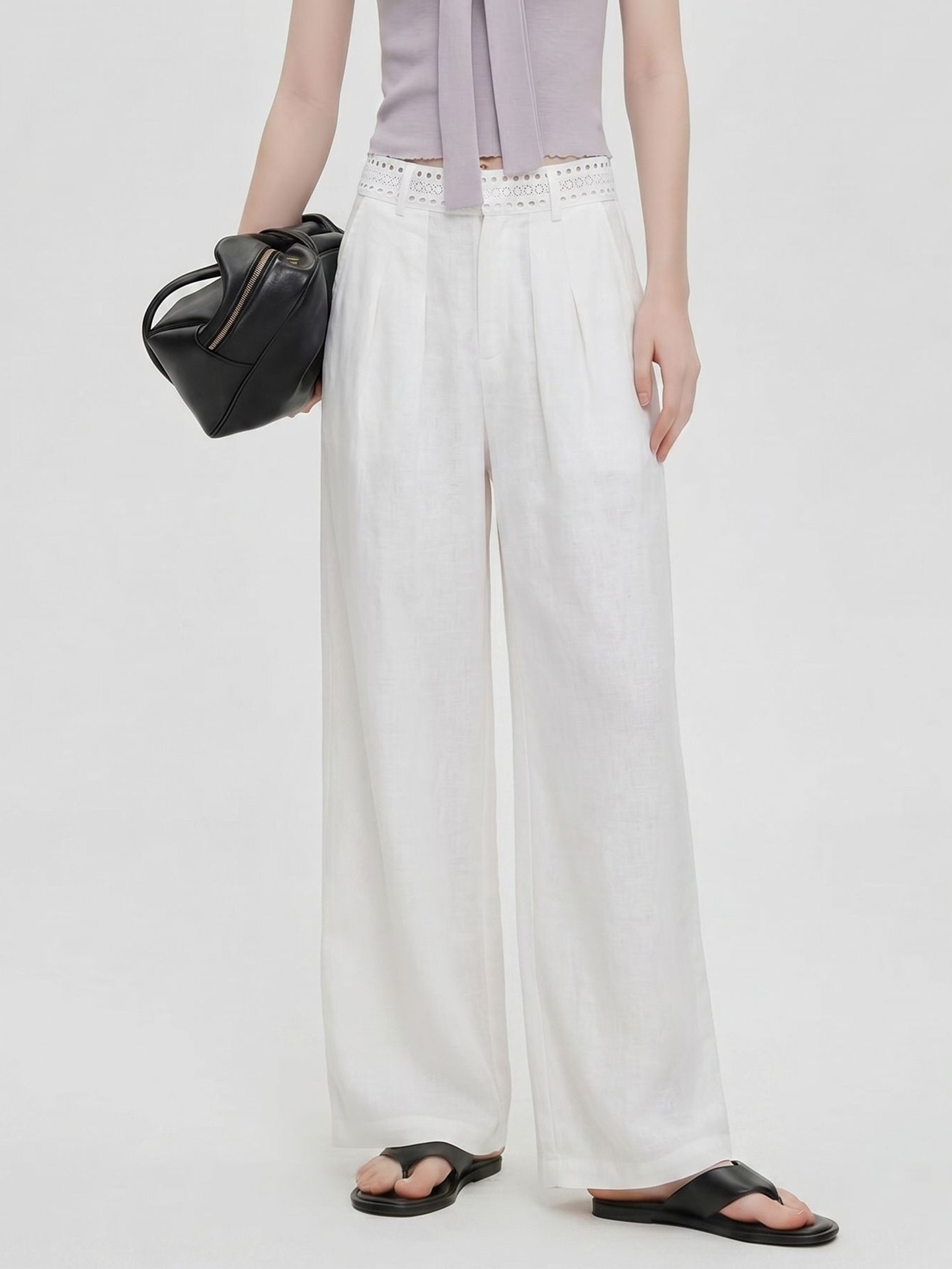 100% Linen Women's White Linen Wide-Leg Pleated Trousers