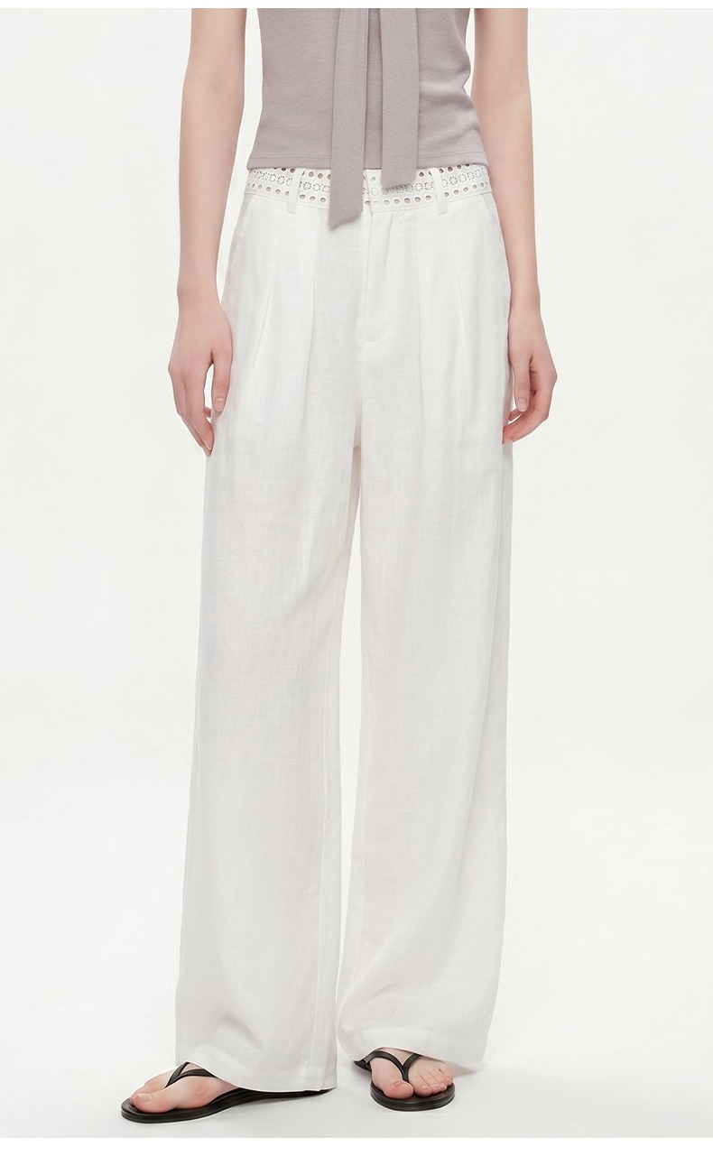 100% Linen Women's White Linen Wide-Leg Pleated Trousers