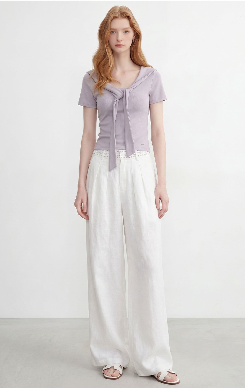 100% Linen Women's White Linen Wide-Leg Pleated Trousers