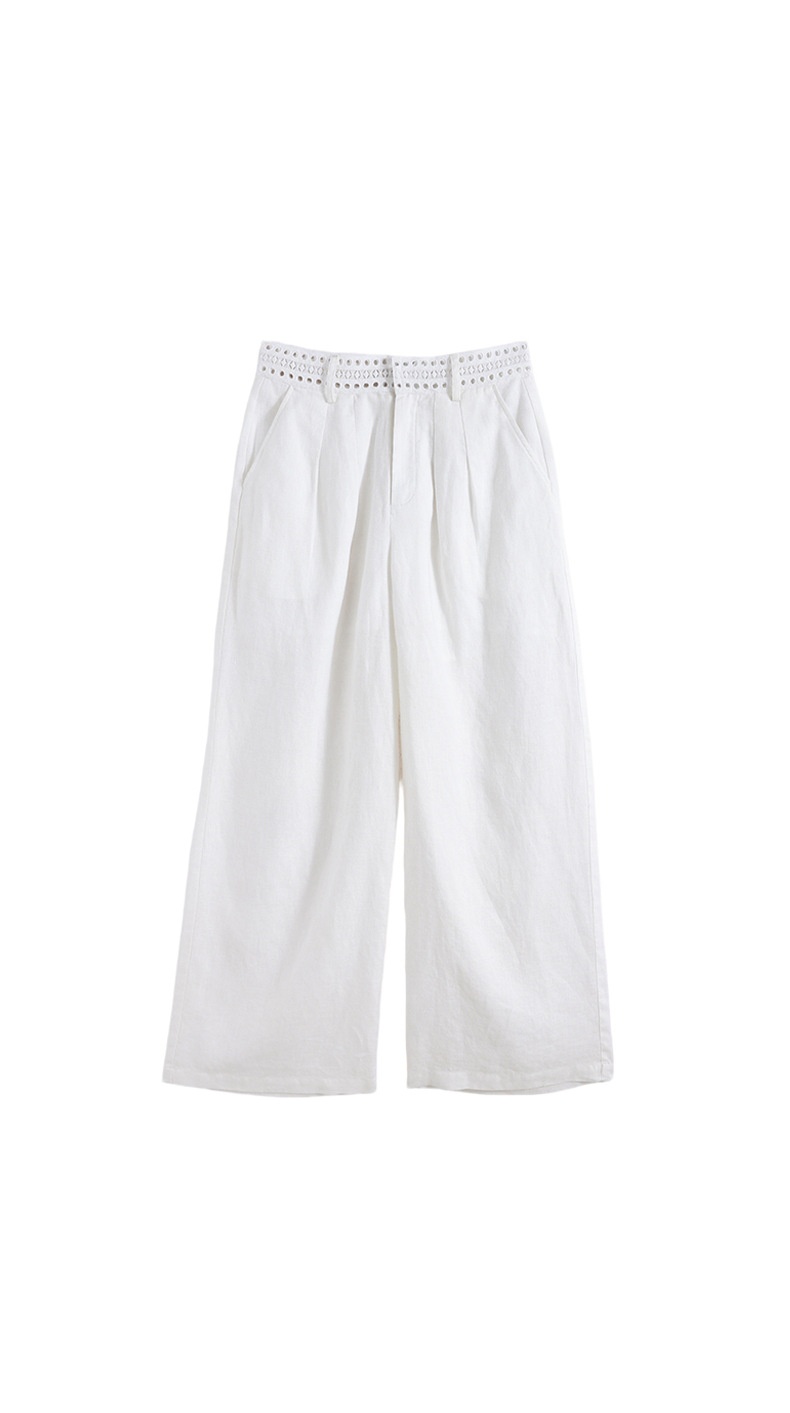 100% Linen Women's White Linen Wide-Leg Pleated Trousers