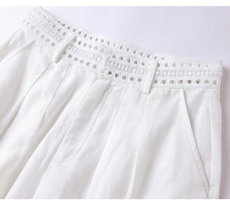100% Linen Women's White Linen Wide-Leg Pleated Trousers