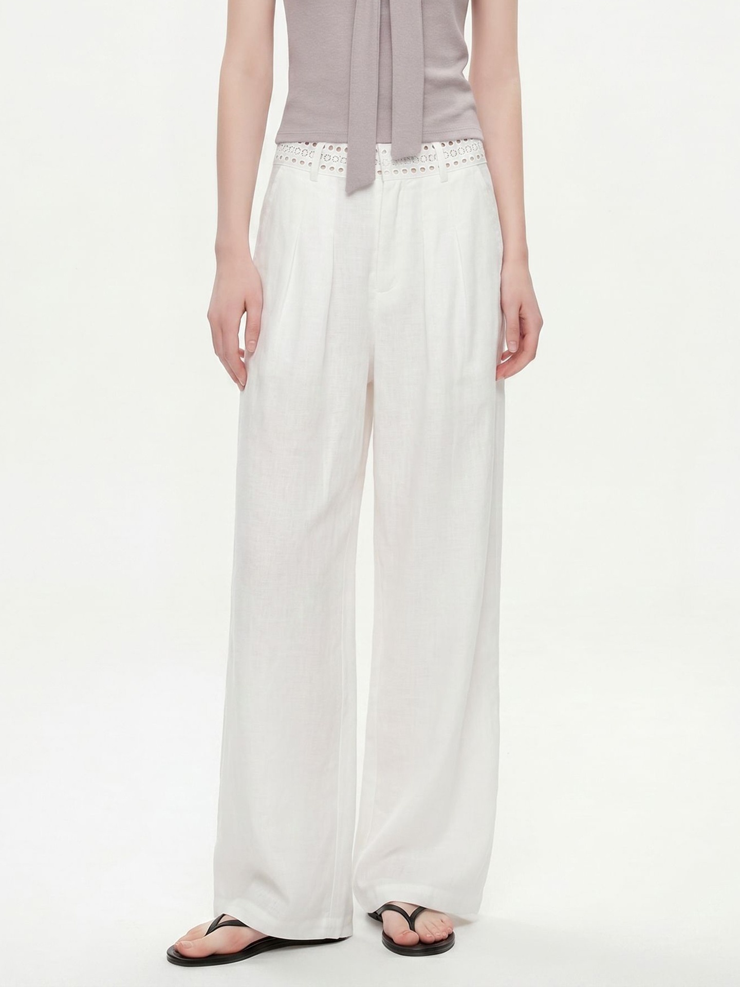 100% Linen Women's White Linen Wide-Leg Pleated Trousers