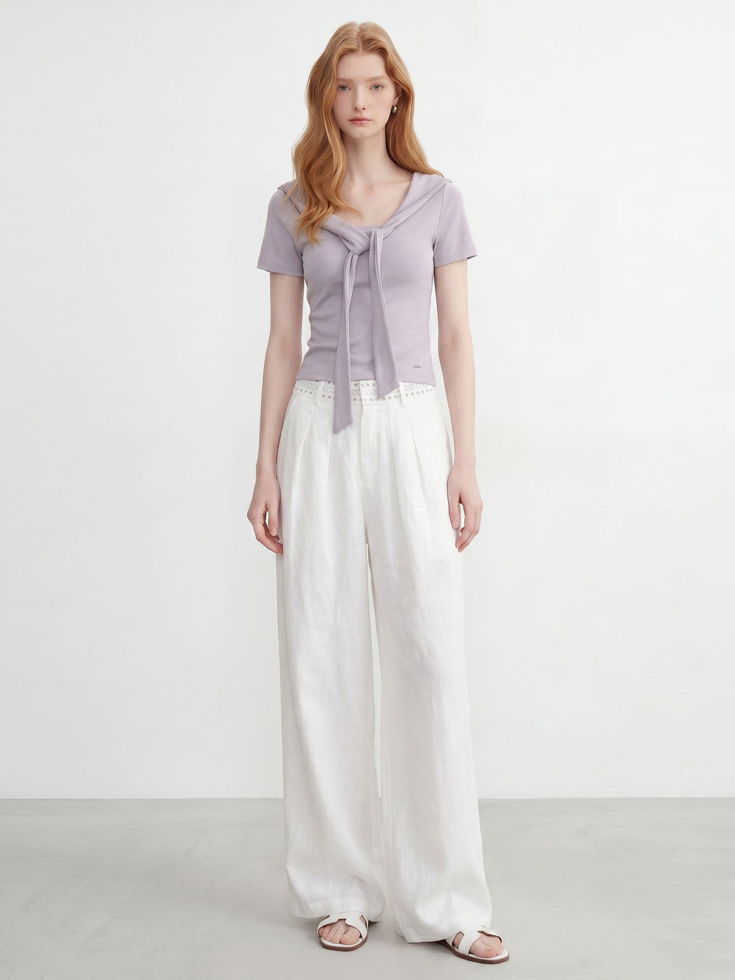 100% Linen Women's White Linen Wide-Leg Pleated Trousers