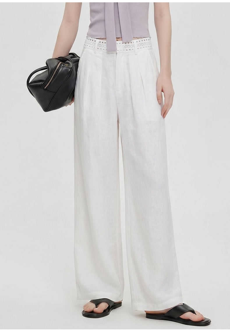100% Linen Women's White Linen Wide-Leg Pleated Trousers