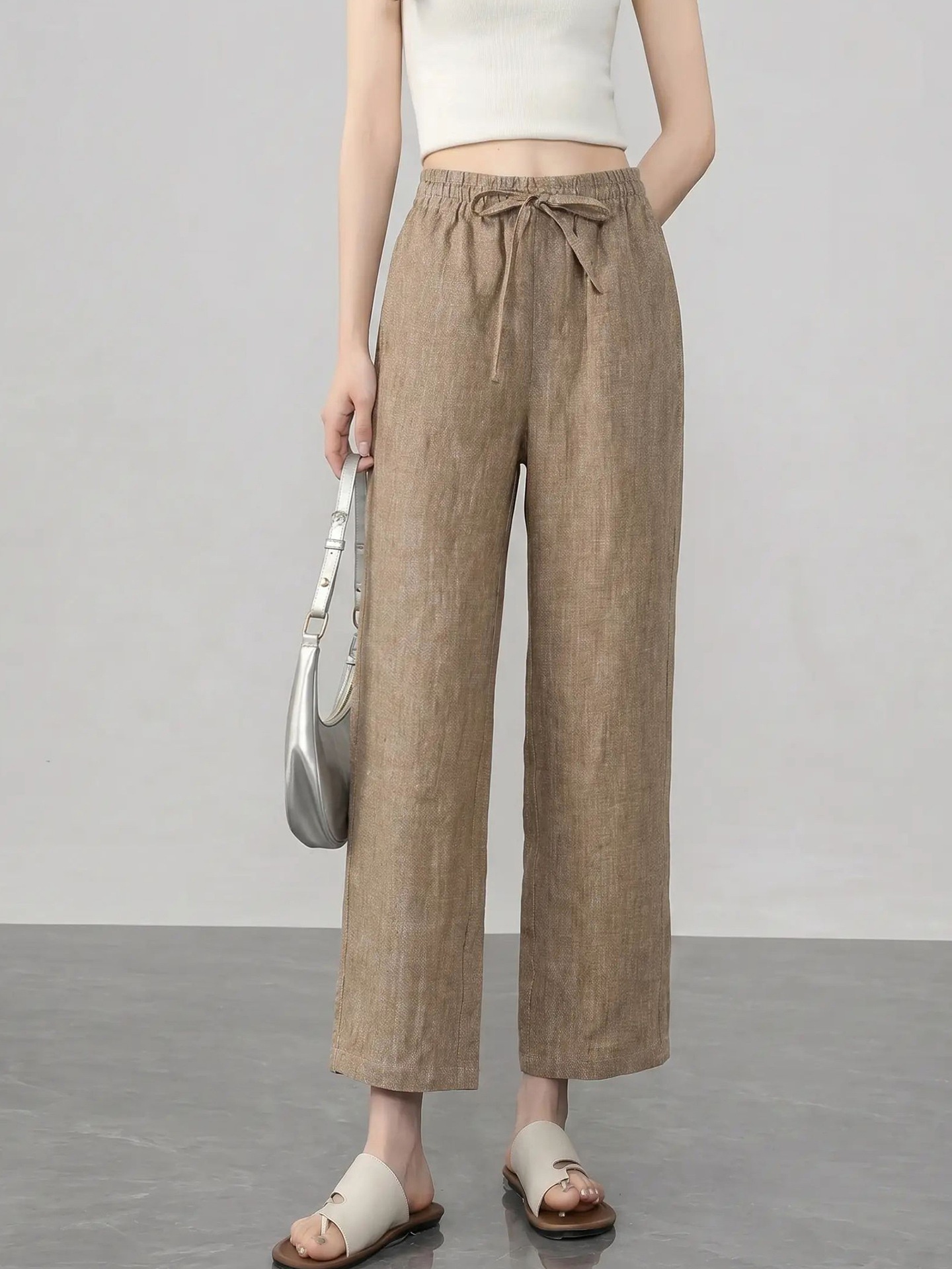 100% Linen Women's Elastic Waist Wide Leg Linen Trousers