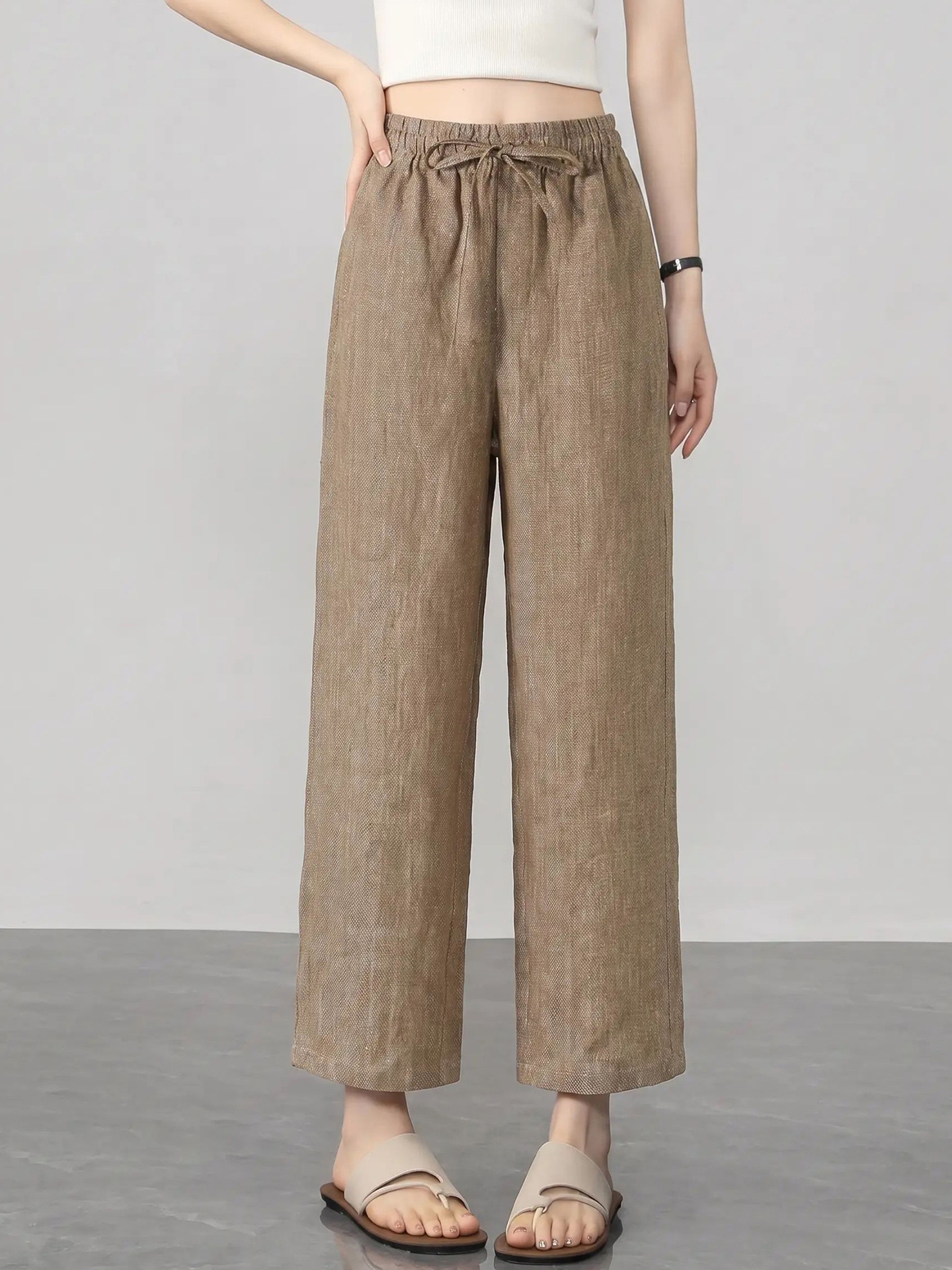 100% Linen Women's Elastic Waist Wide Leg Linen Trousers