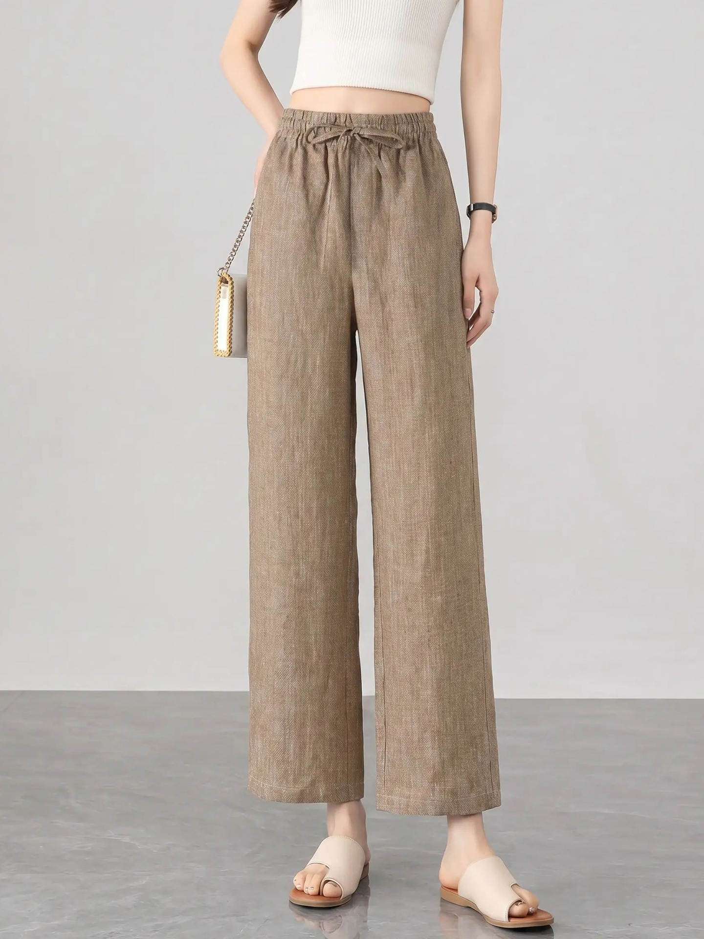 100% Linen Women's Elastic Waist Wide Leg Linen Trousers