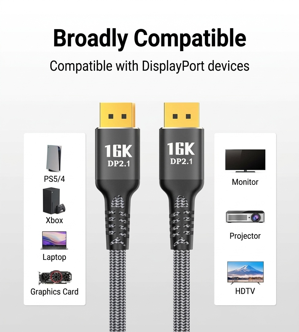 DisplayPort 2.1 Cable 16K@60Hz 40Gbps Gaming Monitor Cable
