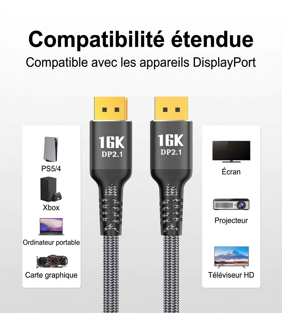 Câble DisplayPort 2.1 16K à 60 Hz 40 Gbit/s pour moniteur de jeu