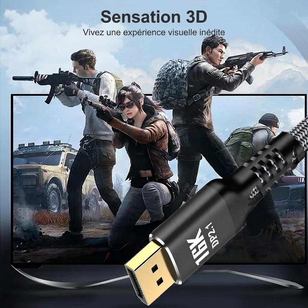 Câble DisplayPort 2.1 16K à 60 Hz 40 Gbit/s pour moniteur de jeu