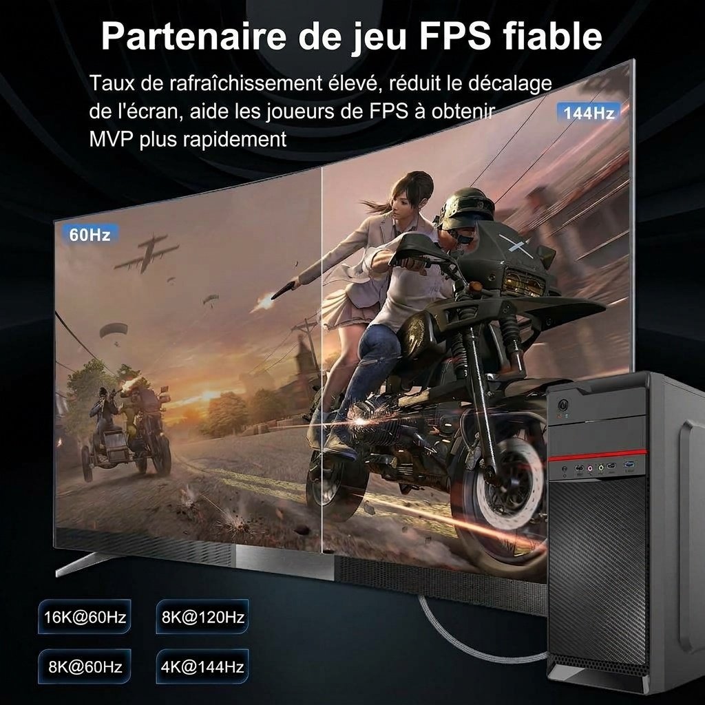 Câble DisplayPort 2.1 16K à 60 Hz 40 Gbit/s pour moniteur de jeu