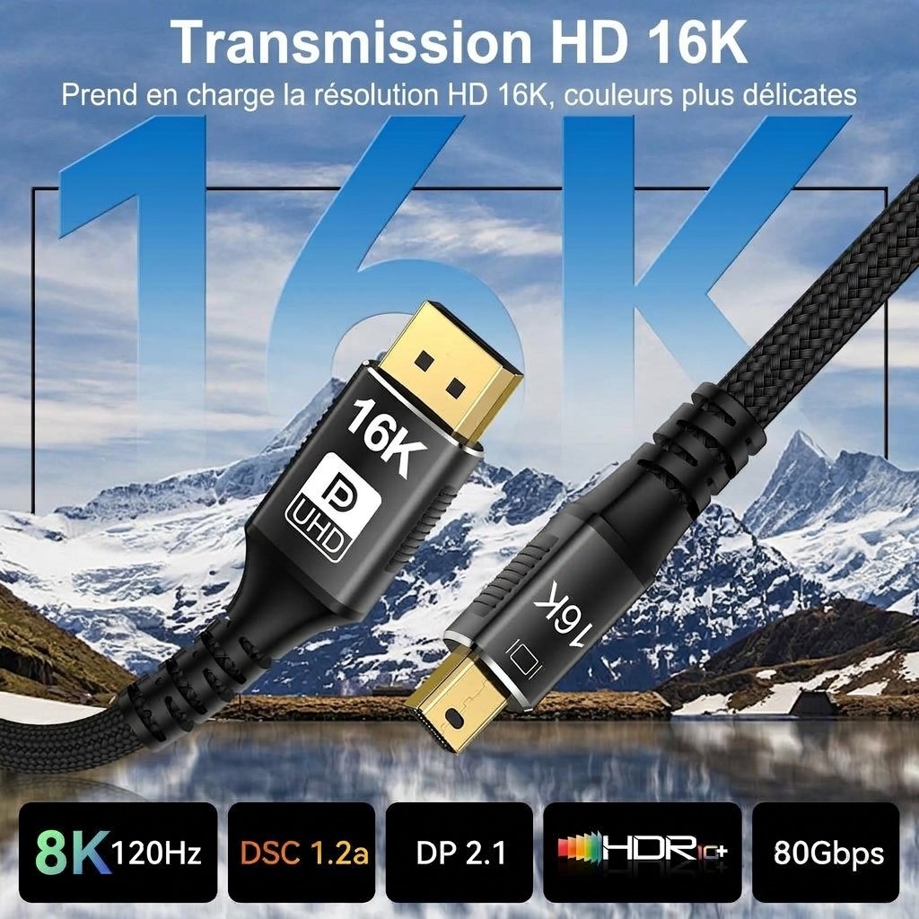 Câble Mini DisplayPort vers DisplayPort 8K/16K pour le jeu