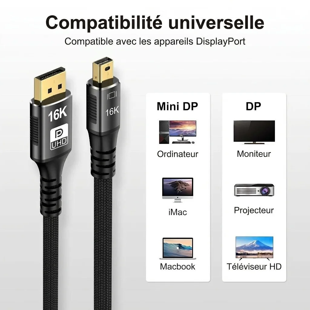 Adaptateur Mini DP vers DP 2.1 16K@60Hz 80Gbps DisplayPort