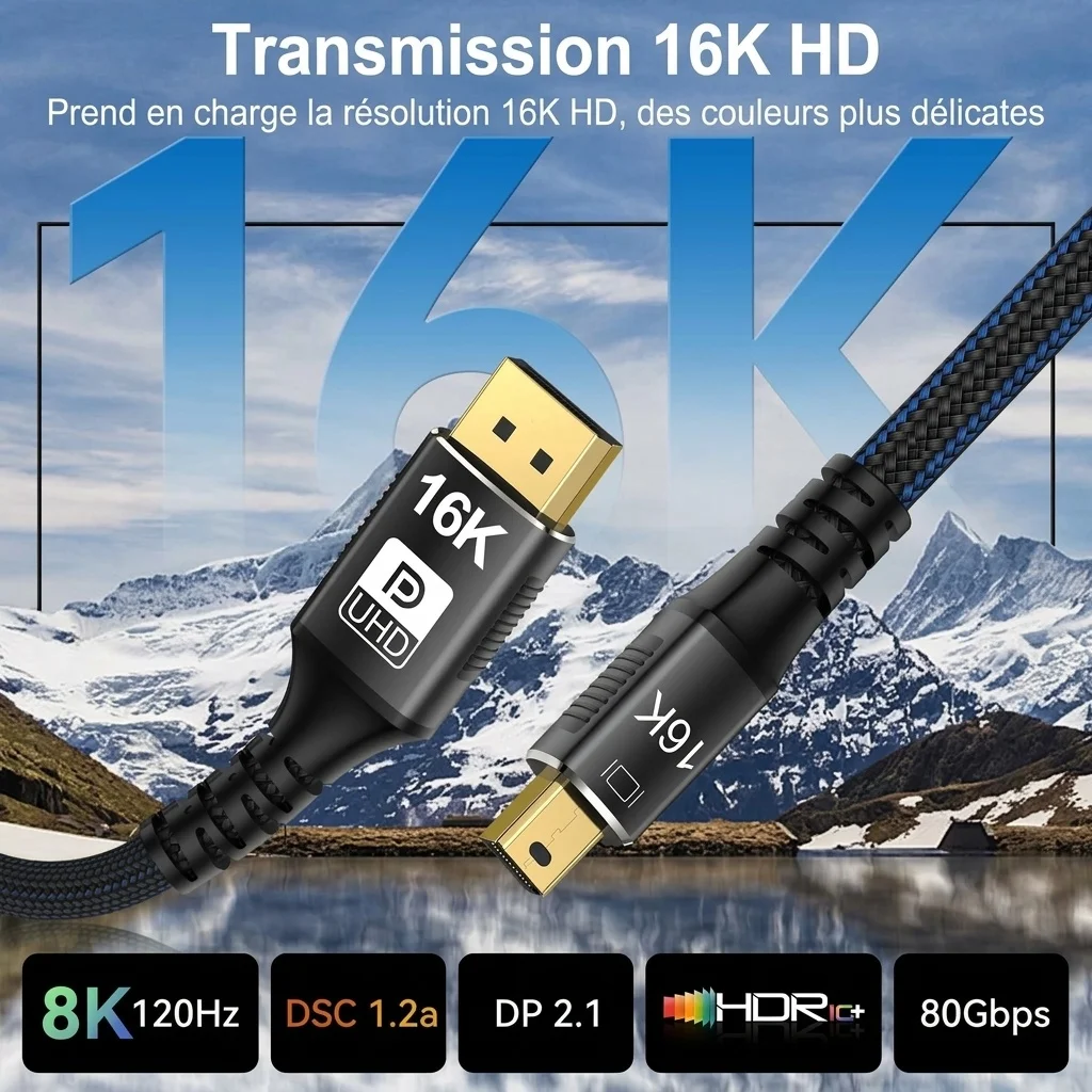 Adaptateur Mini DP vers DP 2.1 16K@60Hz 80Gbps DisplayPort