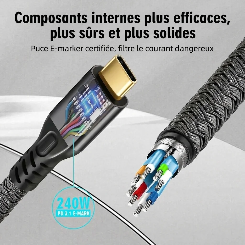 Câble USB-C vers USB-C 240 W PD 20 Gbit/s Vidéo 4K E-Marker
