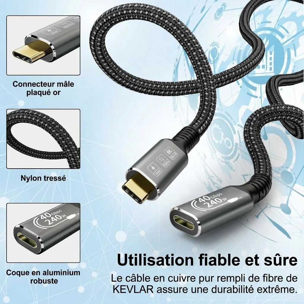 Câble USB 4.0 40 Gbit/s 240 W compatible 8K UHD Type-C et Thunderbolt 3/4