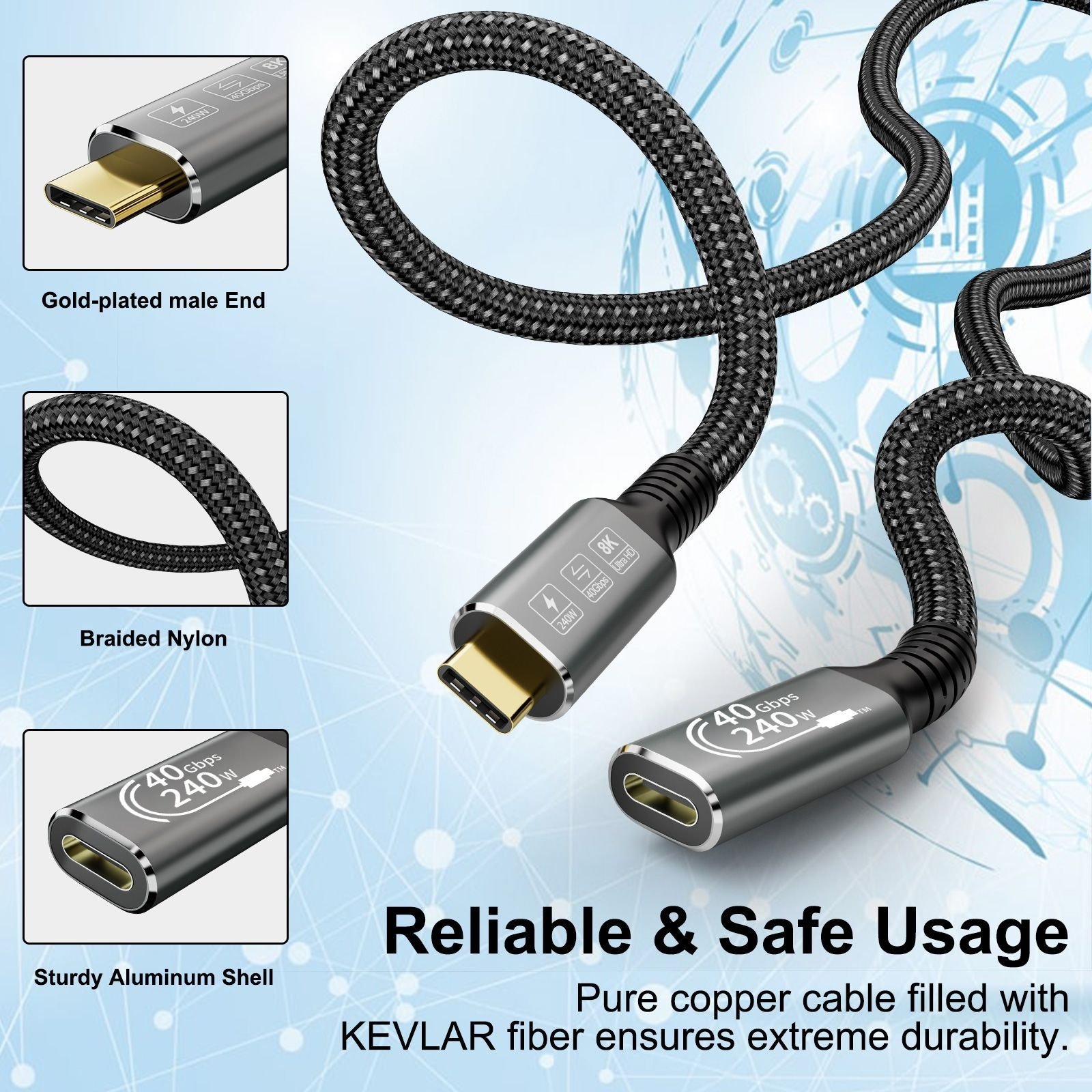 USB4 Cable 40Gbps 240W 8K UHD Type-C Thunderbolt 3/4 Compatible