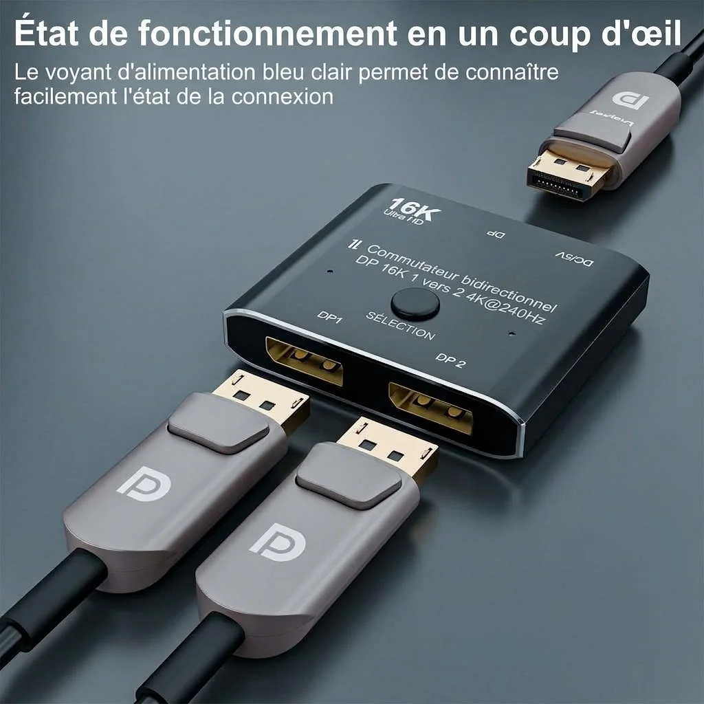 Commutateur bidirectionnel DisplayPort 2x1 16K 4K à 240 Hz Ultra HD