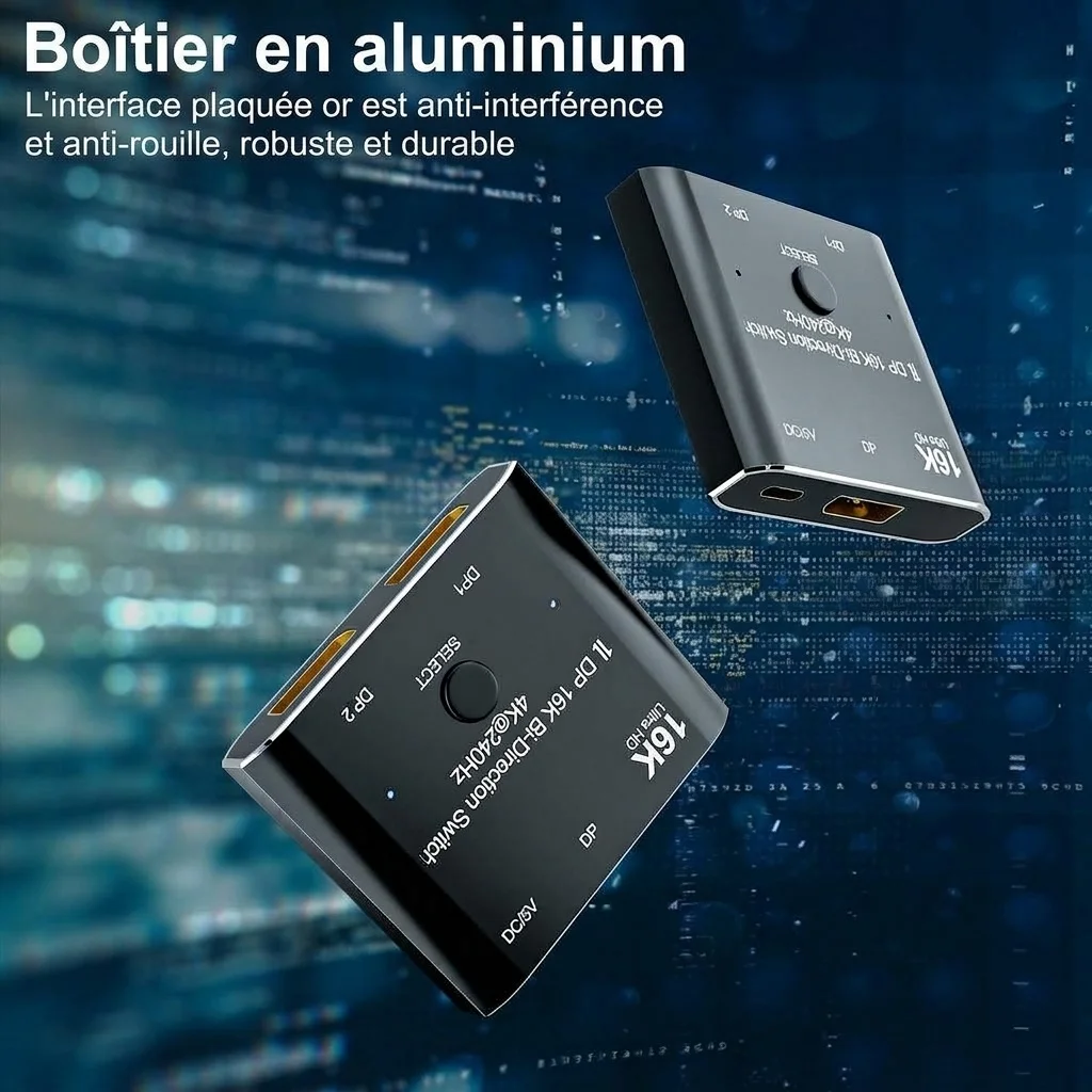 Commutateur bidirectionnel DisplayPort 2x1 16K 4K à 240 Hz Ultra HD